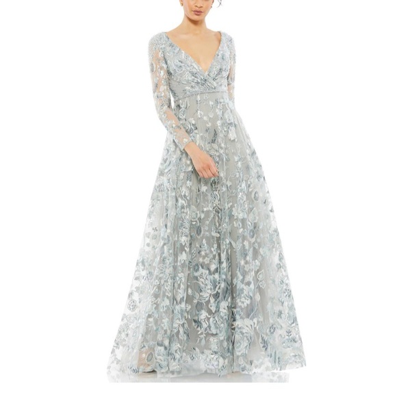 Mac Duggal Embellished V Neck Illusion Long Sleeve A Line Gown Platinum Size 14